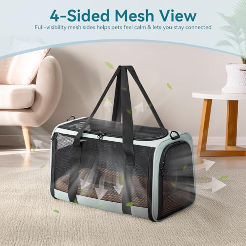 PETSFIT Soft-Sided Cat Carrier with Patented Safety Buckles, Lockable Zippers & Safety Tether,Escape-Resistant Travel Pet Carrier for Car Rides & Vet Visits, Airline Approved Under-Seat, Up to 12 lbs - color: Cyan blue, size: 18.0"L x 11.0"W x 11.0"H