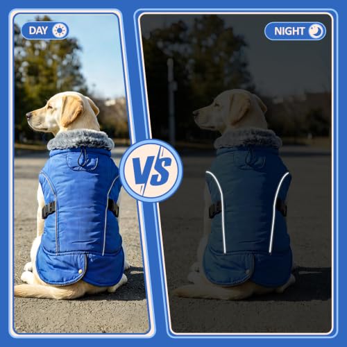 DENTRUN Warm Dog Winter Coat, Easy On Reflective Turtleneck Fleece Jacket | Adjustable buckle, easy on off, windproof & water-repellent, thick fleece snowsuit, outfit fits small to large breeds - color: Blue, size: Medium