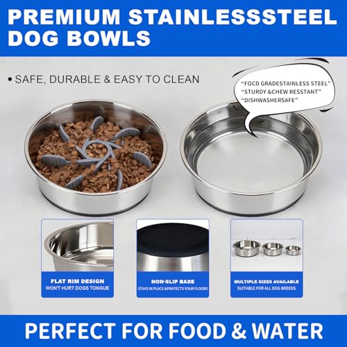 Set of 2 Pack Stainless Steel Dog Bowls & 1x Slow Feeder Insert, 64oz/8 Cups Non Slip Dog Metal Food Bowl & Water Bowl with Rubber Bottom (M Size for Small Medium Dogs) Dishwasher Safe - size: 8 CUP