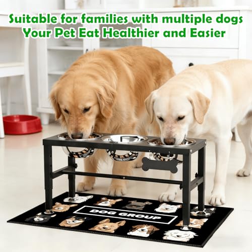 SHAINFUN Metal Elevated Dog Bowls Stand for Large Dogs with Mat & Three 58oz Food Water Bowls, Adjustable Height Raised Dog Bowl Stand - color: Black-1.7L-Three