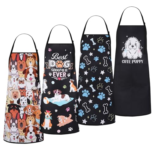 4 Pack Dog Grooming Aprons with 2 Pockets Adjustable Grooming Smock Apron for Dog Groomers Dog Cat Pets Cute Animals Bib Apron