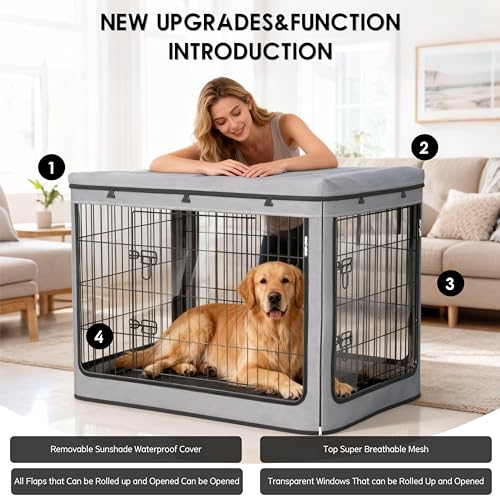 Dog Crate Cover, Heavy Duty Waterproof Abrasion-Resistant and Scratch-Resistant Knife-Scraped Fabric with Breathable Mesh & Detachable Sunshade, Dog Cage Cover Universal Fit for Wire Crates (42-Inch) - size: 42.0"L x 42.0"W x 42.0"H