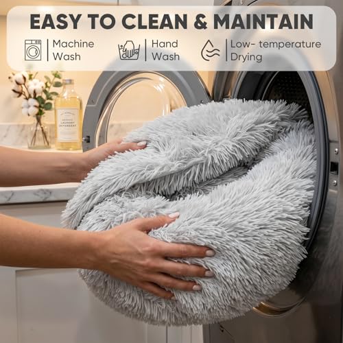 Himax Small Cat & Dog Bed with Cover, Calming Dog Bed for Small Dogs,Anti-Anxiety Donut Dog Bed with Attached Blanket,Washable Round Fluffy Pet Bed (20"/26"/35"), Light Grey - color: Light Grey, size: 20.0"L x 20.0"W x 7.0"Th