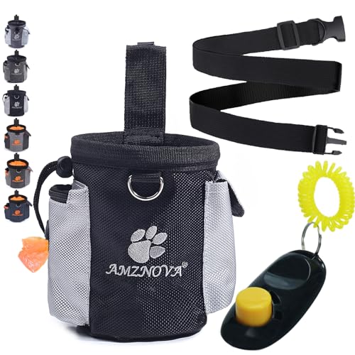 AMZNOVA Dog Treat Bag Treatnow Dog Treat Pouch, Training Pouch with Waist Belt & Clicker for Training & Walking, Waist Clip On Snack Fanny Pack for Pet, 3Cups, Black - color: Black