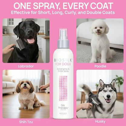 BioSilk for Dogs Silk Therapy Detangling and Shine Protecting Spray, pH Balanced Leave-In Mist with Silk and Vitamins for Dematting, Paraben-Free, All Coats and Breeds, 8 Fl Oz - size: 8 Fl Oz (Pack of 1)