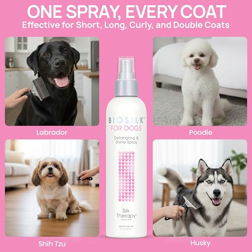 BioSilk for Dogs Silk Therapy Detangling and Shine Protecting Spray, pH Balanced Leave-in Mist with Silk and Vitamins for Dematting, Paraben-Free, All Coats and Breeds, 8 Fl Oz - 2 Pack - size: 8 Fl Oz (Pack of 2)