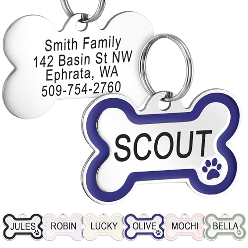 GoTags Stainless Steel Pet ID Bone Round and Heart Shaped Tags with Enamel Paw Design, Personalized Dog and Cat Tags, up to 5 Lines of Custom Text, Engraved on Both Sides (Navy Blue, Small Bone) - color: Navy Blue, size: Small Bone (Pack of 1)