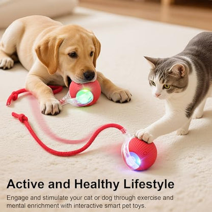 Smart Interactive Automatic Electric Rolling Moving Rechargeable Motion Activated Self Play Stimulation Chase Teaser Ball Toy with Rope for Indoor Bored Adult Cat and Dog, Yellow - color: Yellow