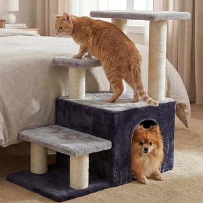 Heybly Cat Scratching Post, Sturdy Pet Stairs & Steps for Indoor Cats and Dogs, Small Cat Tree with Cat Condo, Full Wrapped Sisal Posts & Soft Plush Fabric, Smoky Gray & Light Gray HSP002SGW - color: Smoky Gray