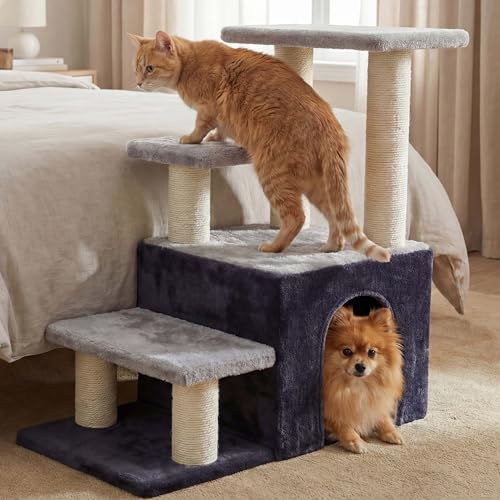 Heybly Cat Scratching Post, Sturdy Pet Stairs & Steps for Indoor Cats and Dogs, Small Cat Tree with Cat Condo, Full Wrapped Sisal Posts & Soft Plush Fabric, Smoky Gray & Light Gray HSP002SGW - color: Smoky Gray