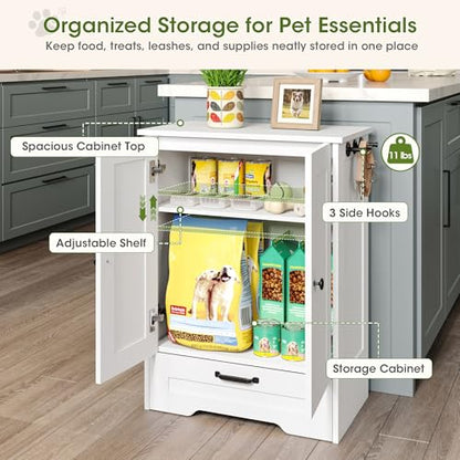 Dog Feeding Station with Storage Cabinet, White Wood Dog Cabinet with 2 Elevated Stainless Steel Bowls, Hidden Pull-Out Feeder Drawer, Pet Feeding Station for Kitchen and Living Room - color: White