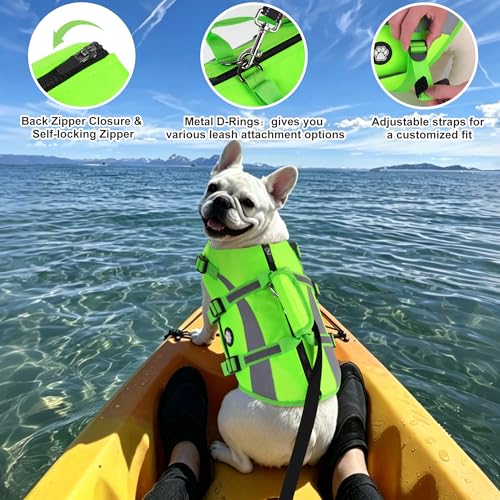 Dogcheer Harness Dog Life Vest with Grab Handle and Reflective Trim, Adjustable Puppy Flotation Jacket with Zipper for Swimming, Boating, Pool and Beach Safety - Green, XS - color: Green, size: X-small