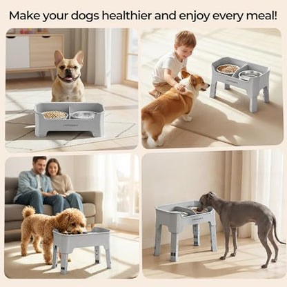 URPOWER Mess Proof Elevated Dog Bowls 4 Height Adjustable Raised Bowl Stand with 2 Stainless Steel Dog Bowls Non-Slip Food and Water Bowl Set for Small Dogs, Light Grey - color: Light Grey, size: Small