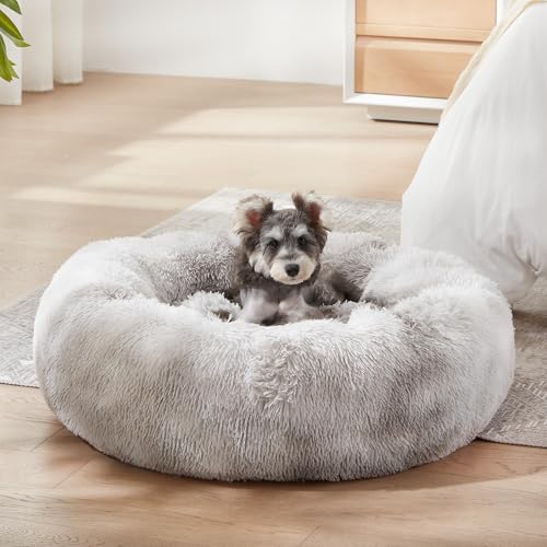 WESTERN HOME WH Calming Dog & Cat Bed, Anti-Anxiety Donut Cuddler Warming Cozy Soft Round Bed, Fluffy Faux Fur Plush Cushion Bed for Small Medium Dogs and Cats (20"/24"/27"/30"), White Grey - color: White Grey, size: 24.0"l x 24.0"w x 7.0"th
