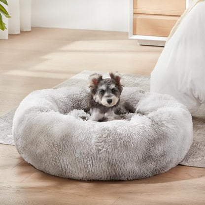 WESTERN HOME WH Calming Dog & Cat Bed, Anti-Anxiety Donut Cuddler Warming Cozy Soft Round Bed, Fluffy Faux Fur Plush Cushion Bed for Small Medium Dogs and Cats (20"/24"/27"/30"), White Grey - color: White Grey, size: 24.0"l x 24.0"w x 7.0"th