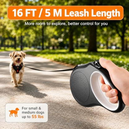 Retractable Dog Leash 16FT for Small & Medium Dogs up to 55 lbs – Tangle-Free 360° Swivel, One-Hand Dual Brake & Lock, Comfortable Anti-Slip Grip for Safe Daily Walks