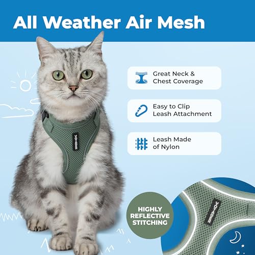 Voyager Escape-Proof Step-in Lock Cat Harness & 5ft Neoprene-Handle Leash Set All-Weather Mesh with Reflective Stitching for Small to Large Cats by Best Pet Supplies, Moss Green (327), M - color: Moss Green, size: M (Chest: 16.5 - 19.5")