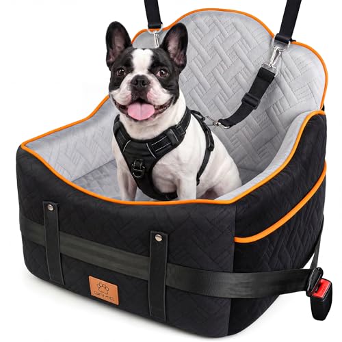 GINMIC Dog Car Seats for Small Medium Dogs up to 35 lbs – Dog Booster Car Seat with 5.3-Inch Memory Foam, Dual Safety Leashes, Detachable Washable Cover & Storage Pockets, Soft Travel Dogs Bed (Black)