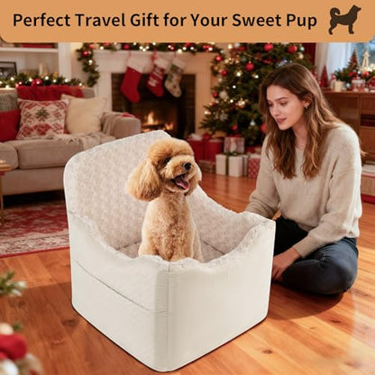 Dog Car Seat for Small Medium Dogs - 6.7inch Elevated Dog Booster Car Seats with Deluxe Rose Plush, Washable Safety Pet Carseat Travel Bed with 2 Safety Belts and Storage Pockets(Beige) - color: Beige