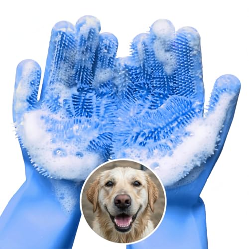 Cat and Dog Shampoo Gloves with 3000 Soft Bristles – 2-in-1 Dog Bath Gloves 11.6", Durable Silicone, Saves Shampoo | Massage, Grooming & Clean Wet or Dry – Made for Every Breed and Coat Style (Blue) - color: Blue