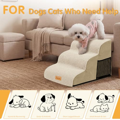 Topmart 3 Tiers Foam Dog Ramps/Steps,Non-Slip Pet Steps | Extra Wide Deep Dog Stairs,High Density Foam Pet Stairs/Ladder,Best for Older Dogs,Cats,Small Pets - color: Beige, size: 23.6*15.7*15.7