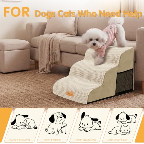 Topmart 3 Tiers Foam Dog Ramps/Steps,Non-Slip Pet Steps | Extra Wide Deep Dog Stairs,High Density Foam Pet Stairs/Ladder,Best for Older Dogs,Cats,Small Pets - color: Beige, size: 23.6*15.7*15.7