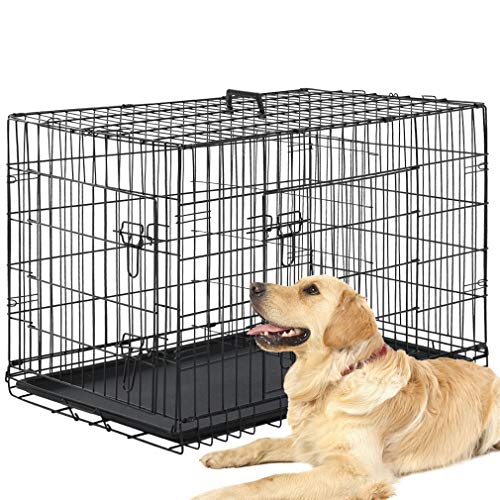 Dog Crate Dog Kennel Cage 42” Portable Foldable Indoor Outdoor Large Double Door Wire Metal Puppy Cat Pet Dog Cage with ABS Tray LC & Divider, Black - color: Black, size: 42 inch