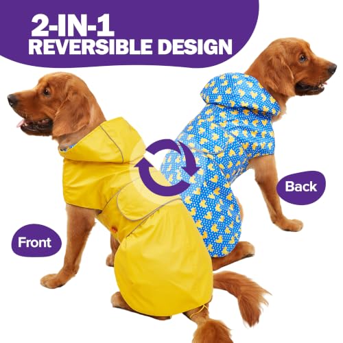 Kimee Dog Raincoat Reversible, Single Side Slicker Poncho Adjustable Waterproof Dog Rain Jacket with Leash Hole/Reflective Stripe Hooded Snowproof Windproof Clothes for Small to 3X-Large Dogs, 2XL - color: Yellow, size: 2X-Large