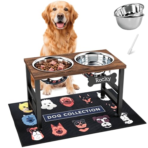 10" Tall Elevated Dog Bowls, Wooden & Metal Raised Dog Bowl Stand with 2 Stainless Steel Bowls-1700ml Capacity & Non-Slip Mat, Easy-Clean for Indoor/Outdoor Use - color: Brown-L, size: Height:10inch