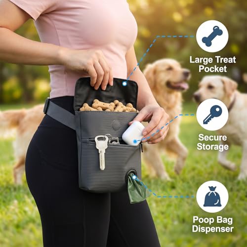 Dog Treat Pouch and Dog Training Clicker, Treat Bag with Poop Bag Dispenser, Powerful Magenetic Clasp, Metal Clip Waist Belt Fanny Pack for Pet Walk Dog Training (Dark Grey) - color: Dark Grey