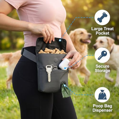 Dog Treat Pouch and Dog Training Clicker, Treat Bag with Poop Bag Dispenser, Powerful Magenetic Clasp, Metal Clip Waist Belt Fanny Pack for Pet Walk Dog Training (Dark Grey) - color: Dark Grey