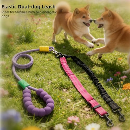 Heavy Duty Double Dog Leash for 2 Large Dogs, 5ft Shock Absorbing Bungee with 360° No Tangle Swivel, Reflective Dual Pet Leash with Comfort Grip for Walking Running Hiking
