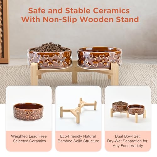 SPUNKYJUNKY Elevated Dog Bowls Ceramic, 5.1'' Dogs and Cat Food Water Bowls Raised with Non-Slip Bamboo Stand for Puppy Small Sized Breed Microwave Dishwasher Safe - 13.5 OZ,Skull Bronze - color: Bronze - Skull, size: 5.1 in - 1.7 cups