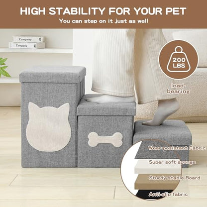 3-Step Wider Dog Steps for Bed 17" H, Foldable Dog Stairs with Storage, Non-Slip Pet Steps for Small Medium Large Dogs, Arthritis-Friendly Pet Stairs for Couch and Car Up to 200 lbs, Grey - size: 3-Step