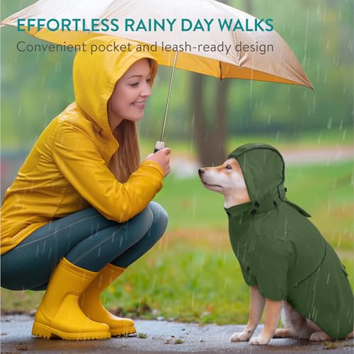 Navaris Hooded Dog Rain Jacket - Dog Raincoat Waterproof - Water-Resistant Rain Coat with Removable Hood - Raincoats with Sizes for Small Medium & Large Dogs - M Green