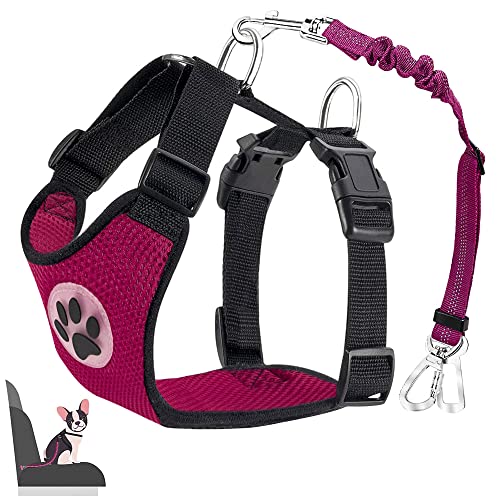 Lukovee Dog Car Harness Seat Belt, Adjustable Mesh Breathable Vest with Elastic Bungee Tether, Soft Padded 2-in-1 Safety Car Harness Seatbelt for Small Medium Large Dogs (Rose,XXXS) - color: Rose, size: XXX-Small