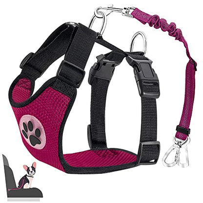 Lukovee Dog Car Harness Seat Belt, Adjustable Mesh Breathable Vest with Elastic Bungee Tether, Soft Padded 2-in-1 Safety Car Harness Seatbelt for Small Medium Large Dogs (Rose,XS) - color: Rose, size: X-Small