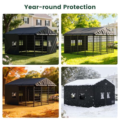 PawGiant Dog Kennel Cover Replacement, Full Coverage Waterproof Tarp for 10x10x6ft Dog Crate with 600D Oxford Fabric, 8 Transparent Window for Enclosure Outside, Large - size: Large