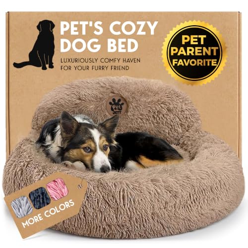PetJett Calming Medium Dog Bed - 30'' Round Dog Beds - Washable Dog Bed - Anti-Slip Super Soft Fluffy Plush Donut Bed, Anti-Anxiety Premium Comfort Pet Bed, Fits Dogs up to 45 lbs - Beige - color: Beige, size: Medium - 30”L x 30”W x 8”Th