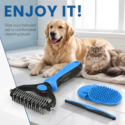 Double-Sided Pet Grooming Rake - 4-in-1 Professional Pet Grooming Kit Deshedding Dematting Tool for Dogs Cats Extra-Wide Grooming Brush & Deshedder Comb for Long & Short Haired Pets (Blue Kit 4PCS) - color: Blue Kit 4PCS