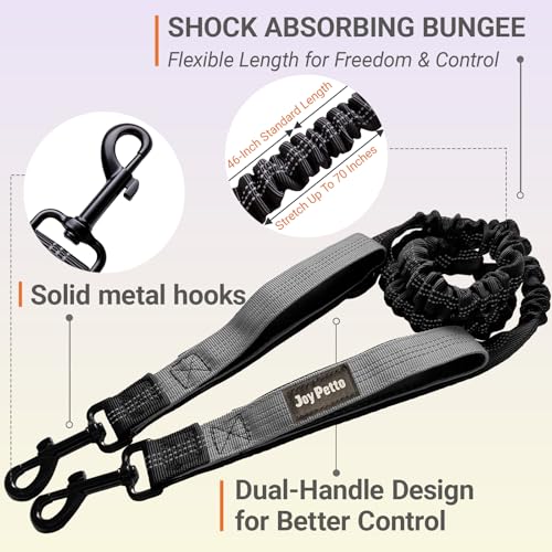 Hands-Free Bungee Dog Leash for Running Walking Small Medium Dogs | 4-6ft length, 28-47in adjustable waist belt, 2 reinforced handles, shock absorbing, reflective anti-pull, grey handles - color: Grey