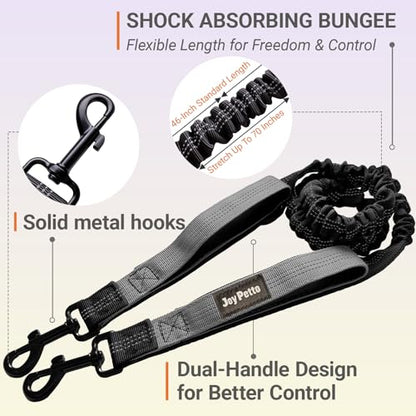 Hands-Free Bungee Dog Leash for Running Walking Small Medium Dogs | 4-6ft length, 28-47in adjustable waist belt, 2 reinforced handles, shock absorbing, reflective anti-pull, grey handles - color: Grey