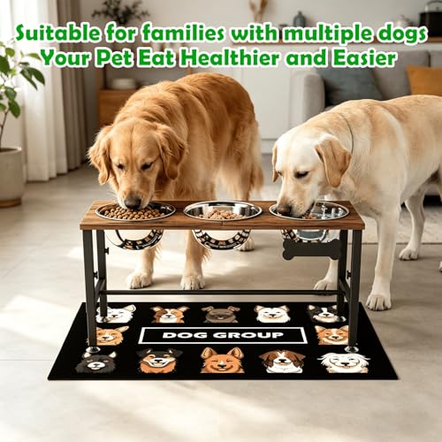 SHAINFUN Adjustable Height Elevated Dog Bowl Stand – Wooden Raised Dog Bowls with Three 58oz Stainless Steel Bowls & Mat for Small to Large Dog Breeds - color: Brown-1.7L-Three