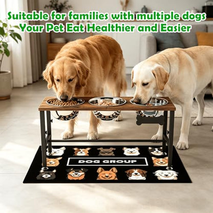 SHAINFUN Adjustable Height Elevated Dog Bowl Stand – Wooden Raised Dog Bowls with Three 58oz Stainless Steel Bowls & Mat for Small to Large Dog Breeds - color: Brown-1.7L-Three