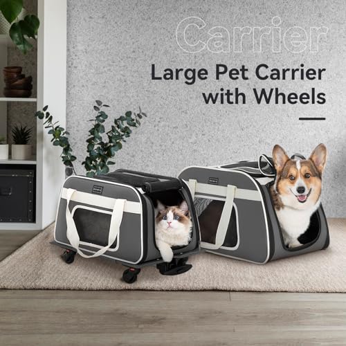 PETSFIT Airline Approved Cat Carrier with Wheels Designed for Small Dogs/Cats with Adjustable Safety Rope & Removable Wheels - color: Medium Gray, size: 20.1"L x 12.2"W x 14.2"H
