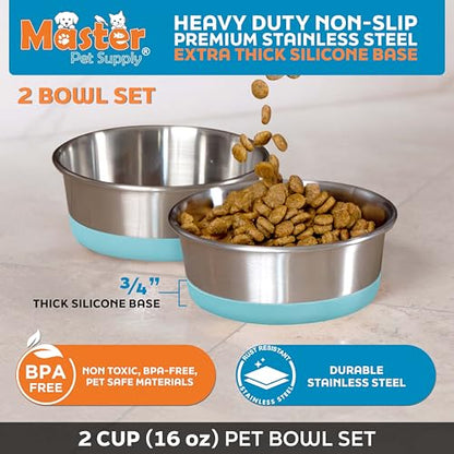 Master Pet Supply Stainless Steel Dog Bowls Set of 2 with Extra Thick Silicone Base - 2 Cup (16 oz) Aqua Sky, Non-Slip, Dishwasher Safe Metal Bowls, Pet Dog Food Bowl for Dogs, Cats, Anti Rust - color: Aqua Sky, size: 2 Cups (16 oz) 2 Pack