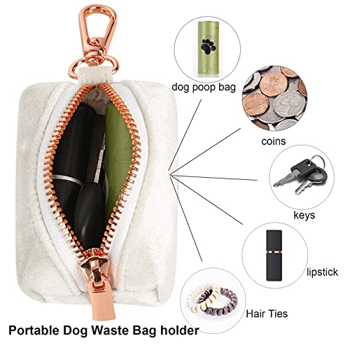 ARING PET Velvet Dog Waste Bag Holder, White Doggy Poop Bags Dispenser Attach to Any Leashes, Portable Washable Pet Waste Pouch Dispenser with Metal Zipper - color: A:white