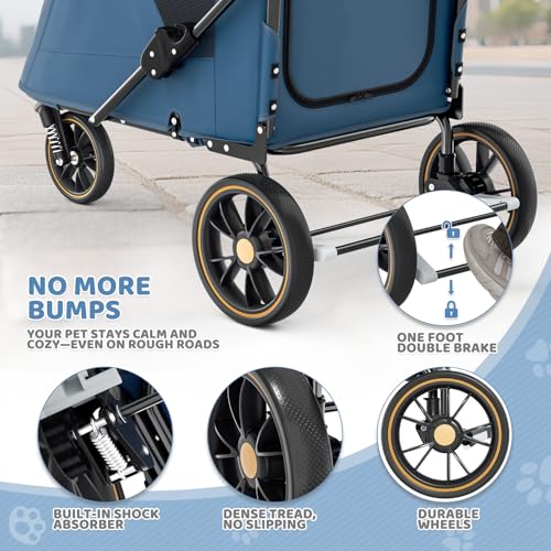 Magshion Pet Stroller for Medium Dogs w/Adjustable Handle, 3-Wheel Dog Cat Wagon w/Dual Entry, Rear Storage, Breathable Mesh, One-Foot Brake, Ideal for Large Pets up to 55 lbs, Navy Blue - color: Navy Blue, style: Up to 55 lbs