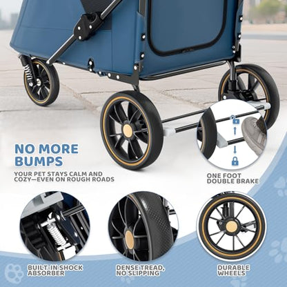 Magshion Pet Stroller for Medium Dogs w/Adjustable Handle, 3-Wheel Dog Cat Wagon w/Dual Entry, Rear Storage, Breathable Mesh, One-Foot Brake, Ideal for Large Pets up to 55 lbs, Navy Blue - color: Navy Blue, style: Up to 55 lbs