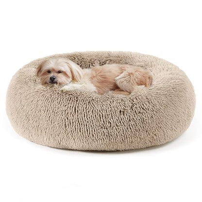 Calming Dog Bed & Cat Bed, Anti-Anxiety Donut Cuddler Warming Cozy Soft Round Bed, Fluffy Faux Fur Plush Cushion Bed for Small Medium Dogs and Cats (20"/24"/27"/30") - color: Brown, size: 24.0"l x 24.0"w x 7.0"th